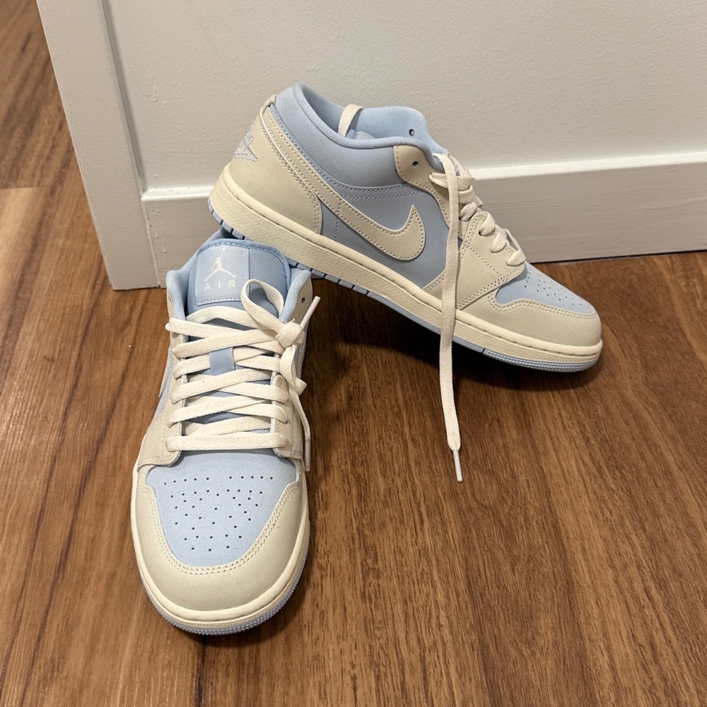 Light blue and off white suede jordans